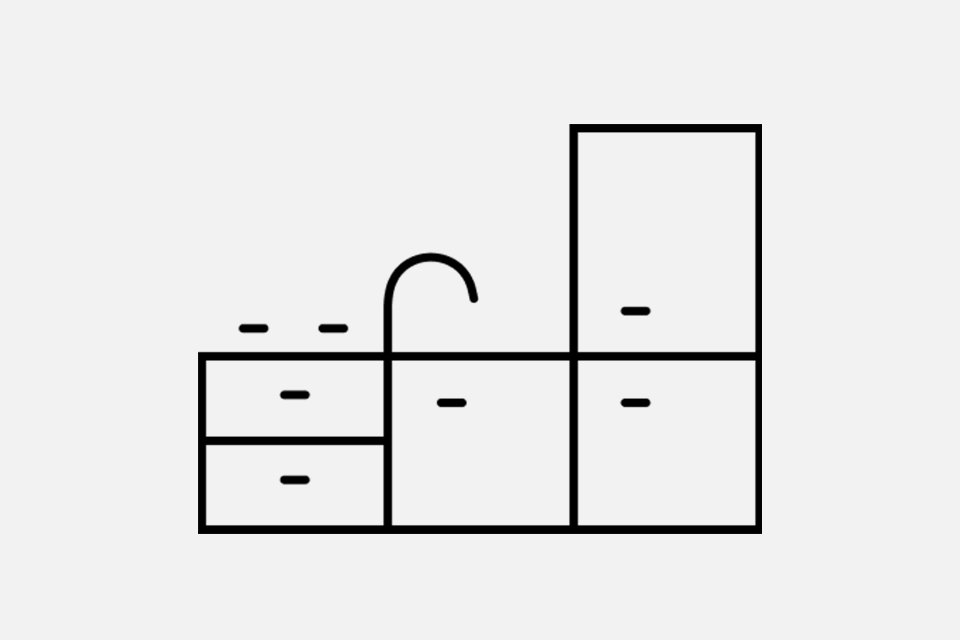 Black outline of a kitchen against a white background.